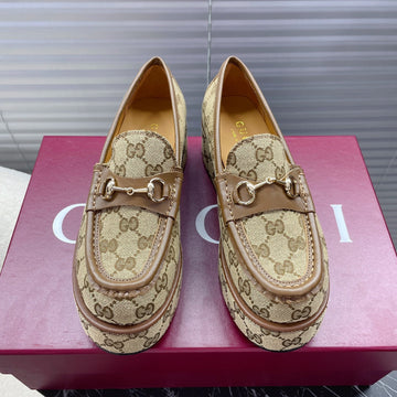 Horsebit Platform Loafer In Tan Beige Monogram Jacquard Fabric