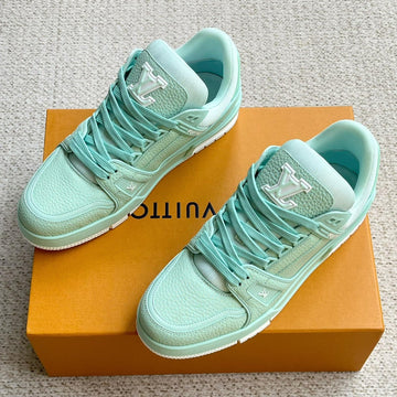 LV Trainer Shoes Sky Blue Grained Calfskin