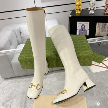 Gucci Horsebit Square Toe Mid-Heeled Ankle High Boots White Cowhide 490538