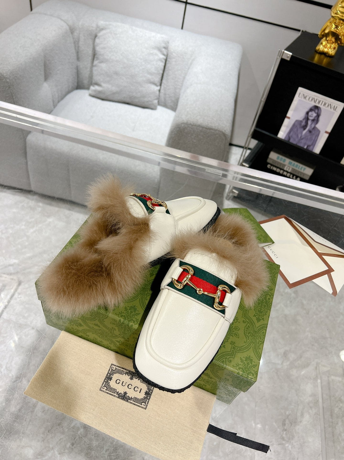 Horsebit Mule With Web In White Calfskin Mix Mink Fur