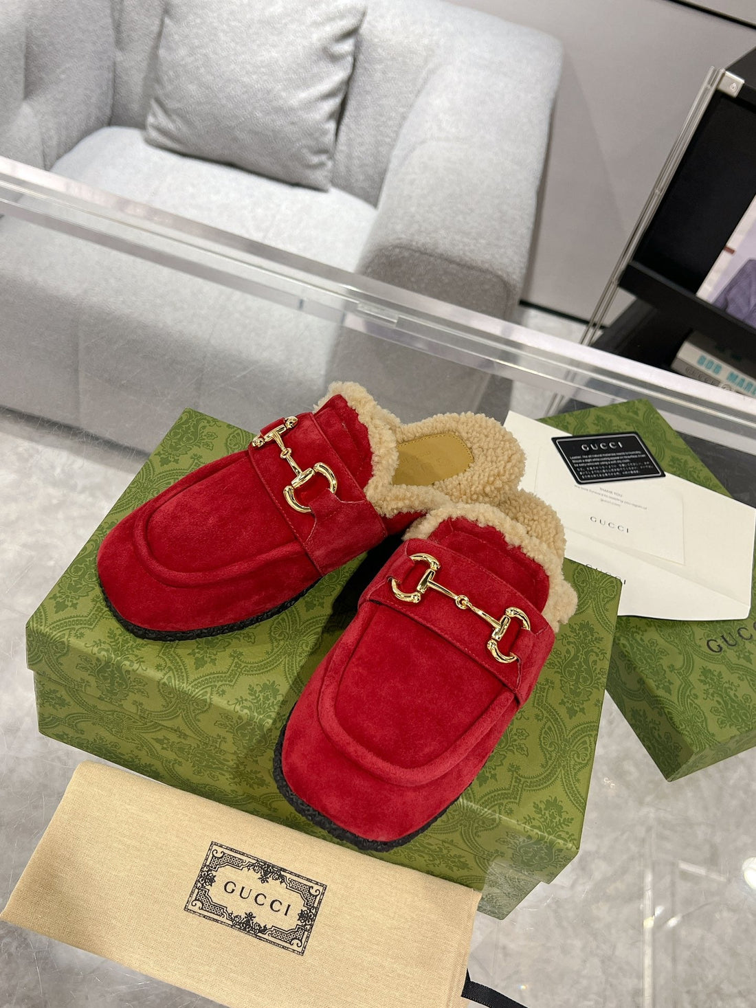 Horsebit Mule In Red Suede And Fleece Lining
