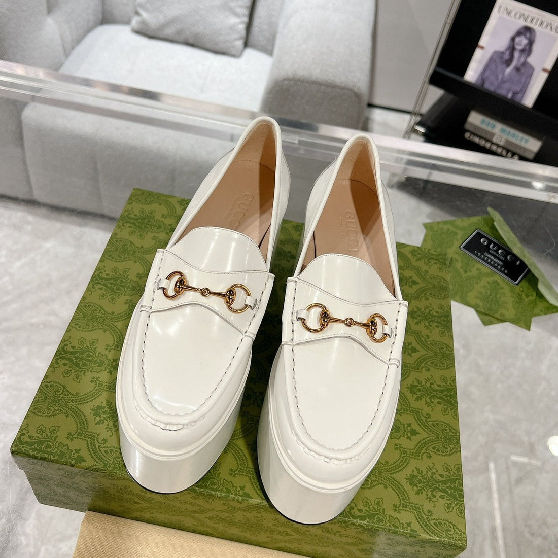GG Horsebit Platform Loafer White Calfskin