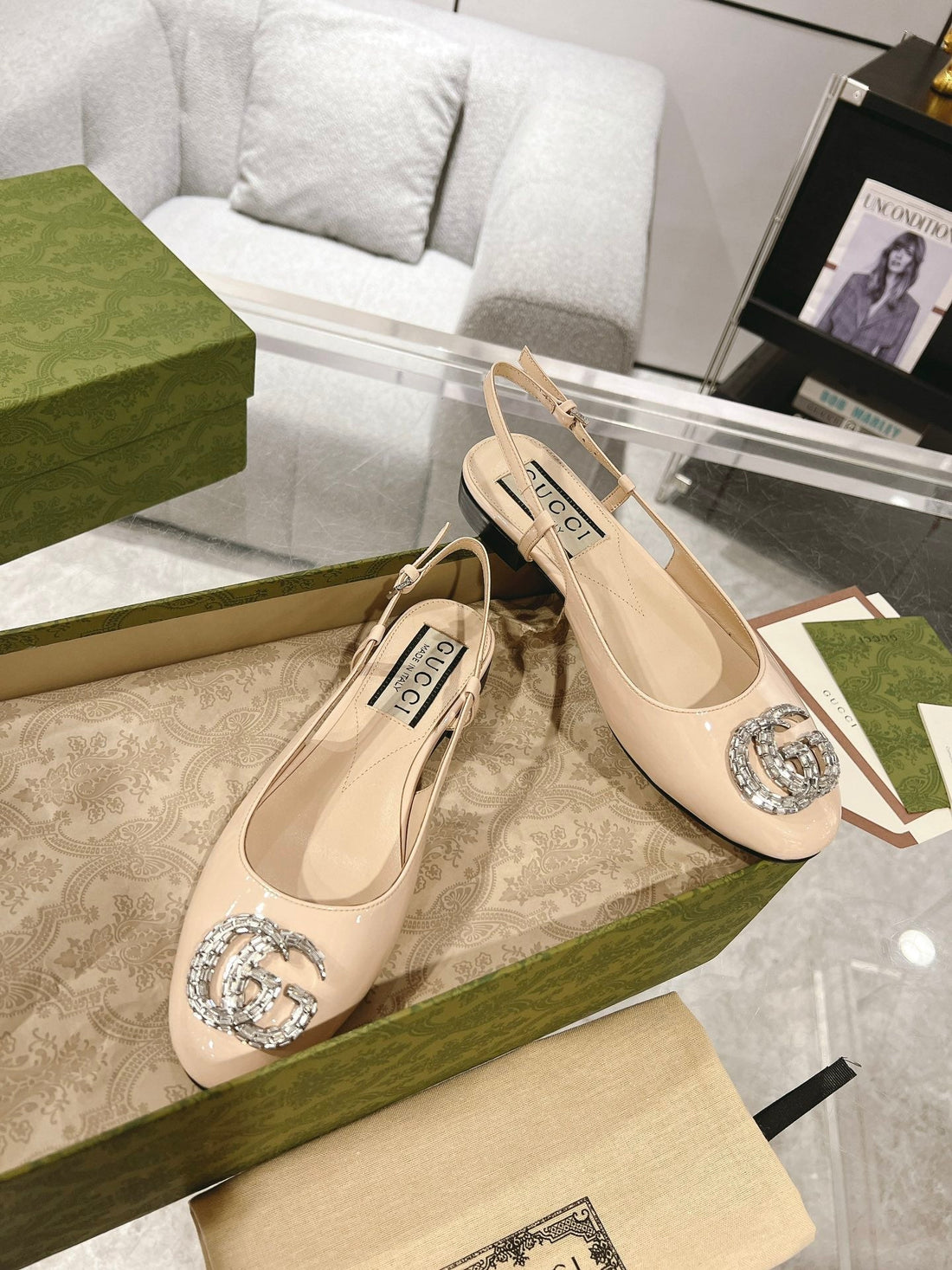 GG Crystals Slingback Ballet Cream Calfskin