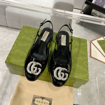 GG Crystals Slingback Ballet Black Calfskin