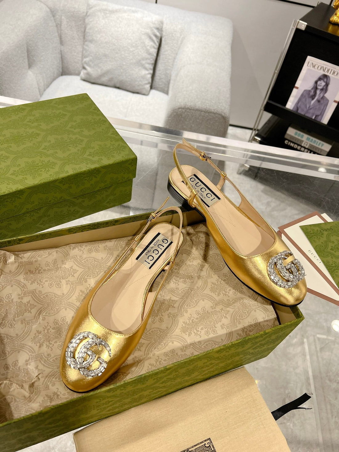 GG Crystals Slingback Ballet Metallic Gold Calfskin