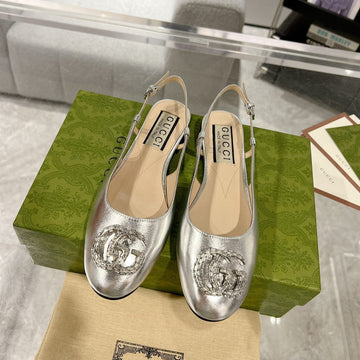 GG Crystals Slingback Ballet Silver Calfskin