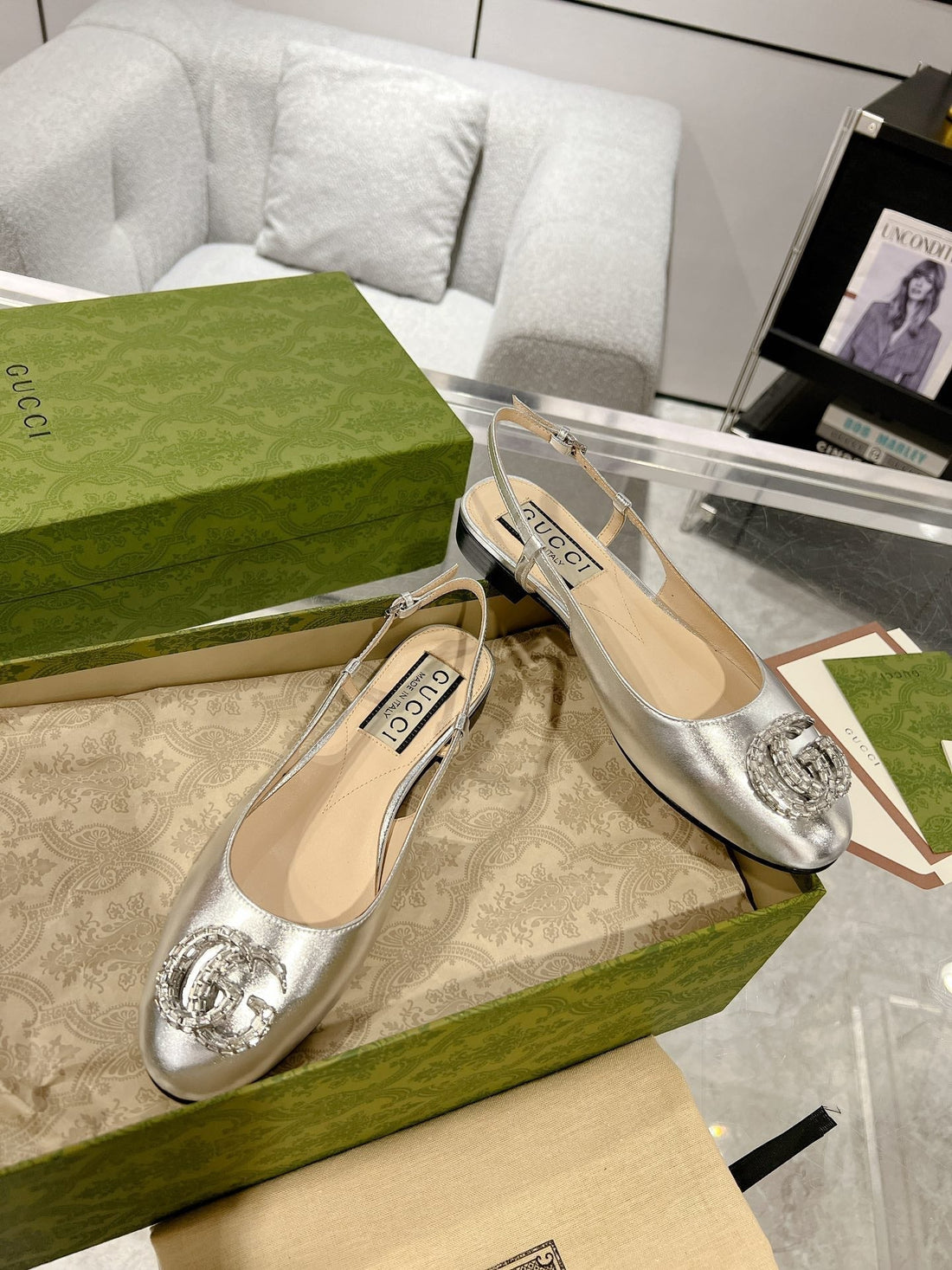 GG Crystals Slingback Ballet Silver Calfskin