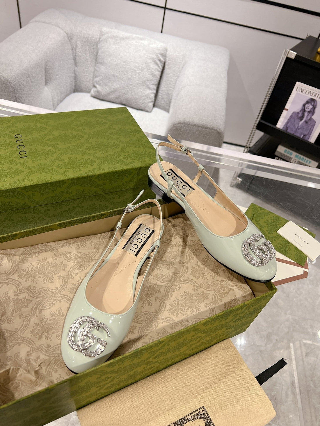 GG Crystals Slingback Ballet Sage Calfskin