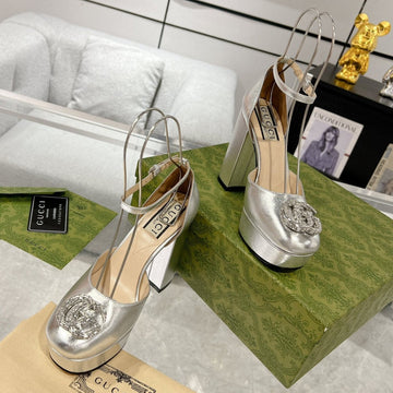 High Sandal Square Heel 12 Cm In Silver Calfskin