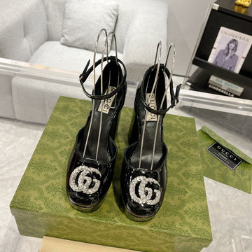 GG Crystals Platform Pumps Black Calfskin