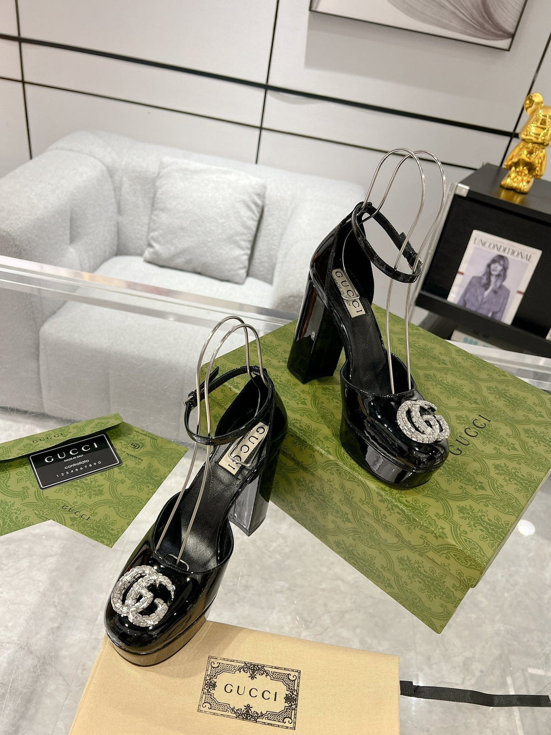 GG Crystals Platform Pumps Black Calfskin