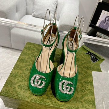 GG Crystals Platform Pumps Jade Green Calfskin