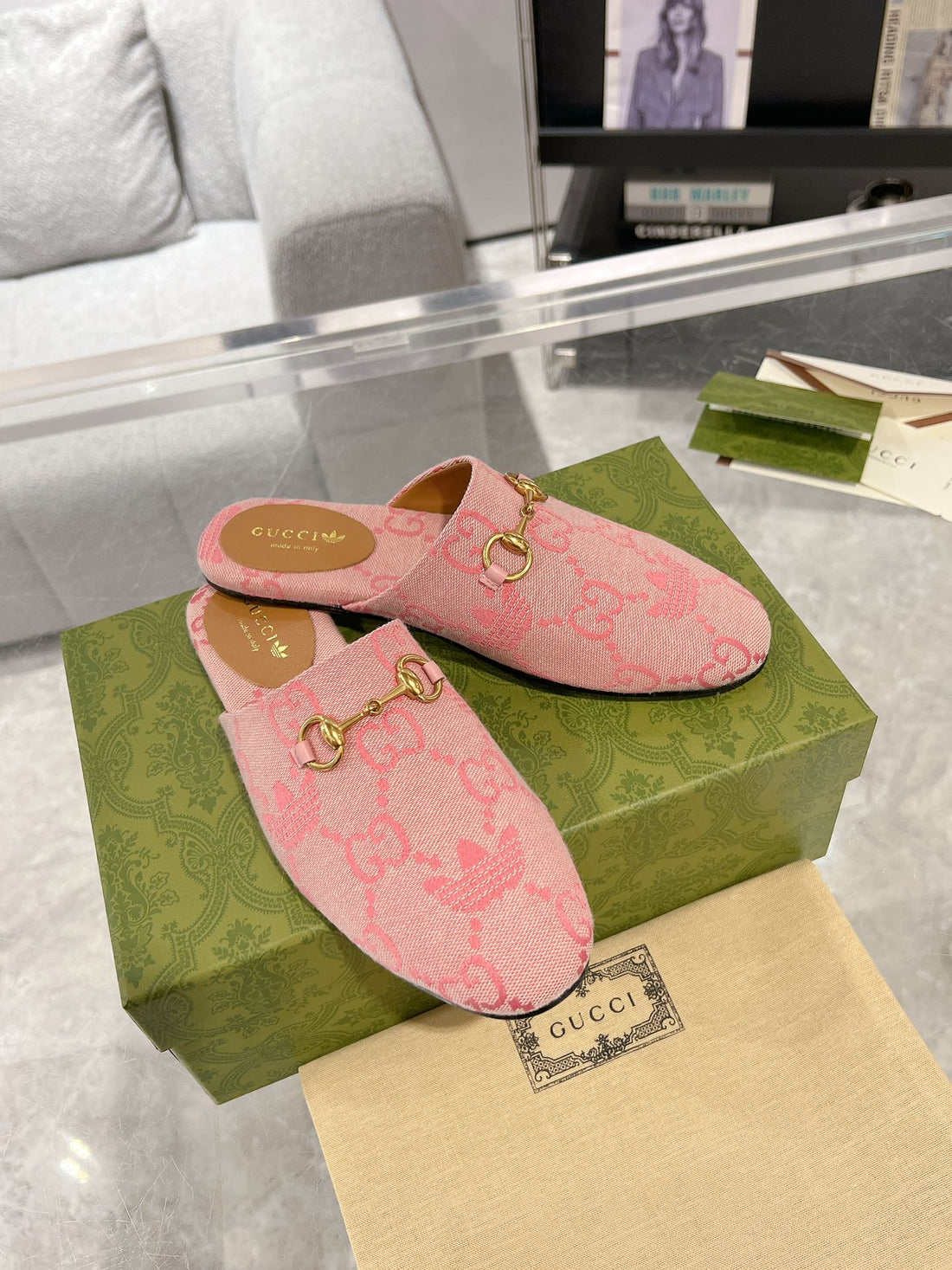 GG & Adidas Mule Horsebit Buckle Light Pink Canvas