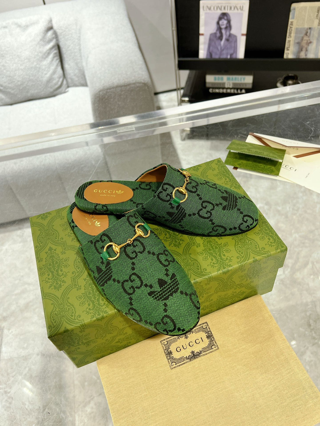 GG & Adidas Mule Horsebit Buckle Dark Green Canvas
