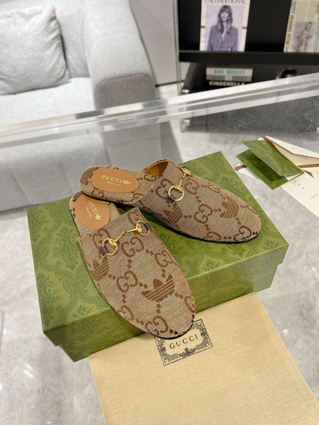 GG & Adidas Mule Horsebit Buckle Light Brown Canvas