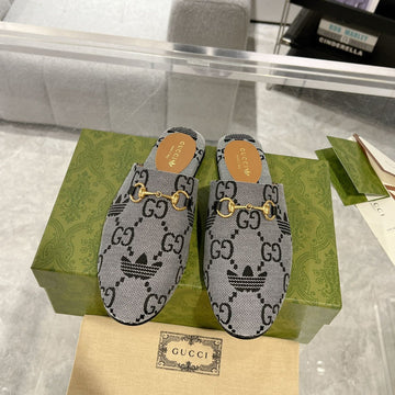 GG & Adidas Mule Horsebit Buckle Light Gray Canvas