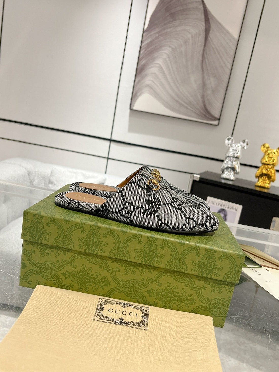 GG & Adidas Mule Horsebit Buckle Light Gray Canvas