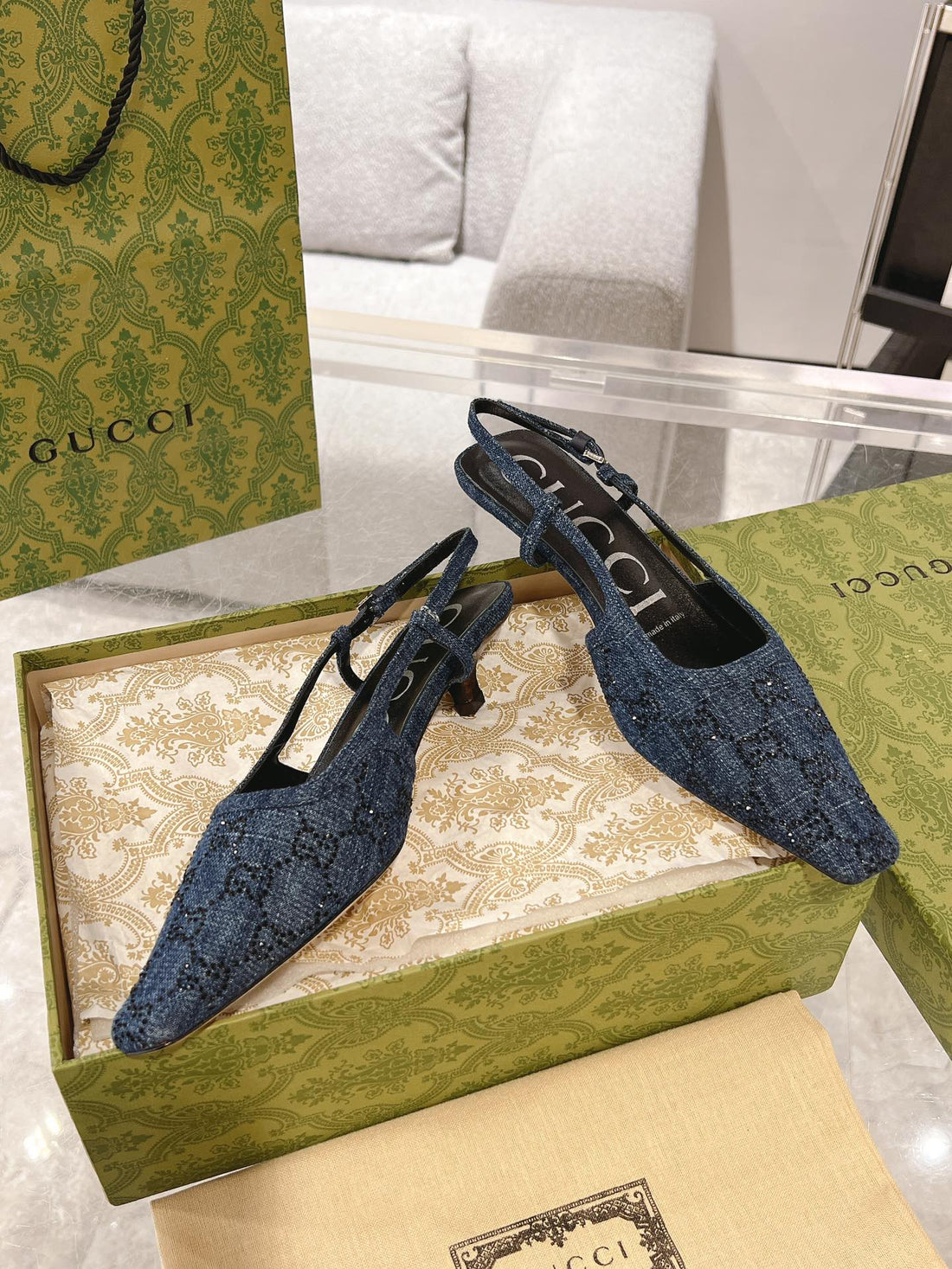 GG Crystals Slingback Pump Denim Fabric