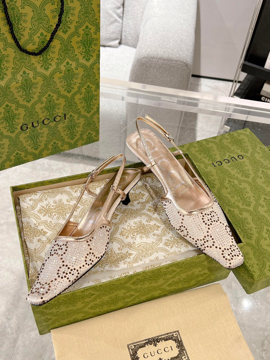 GG Crystals Slingback Pump Cream Fabric