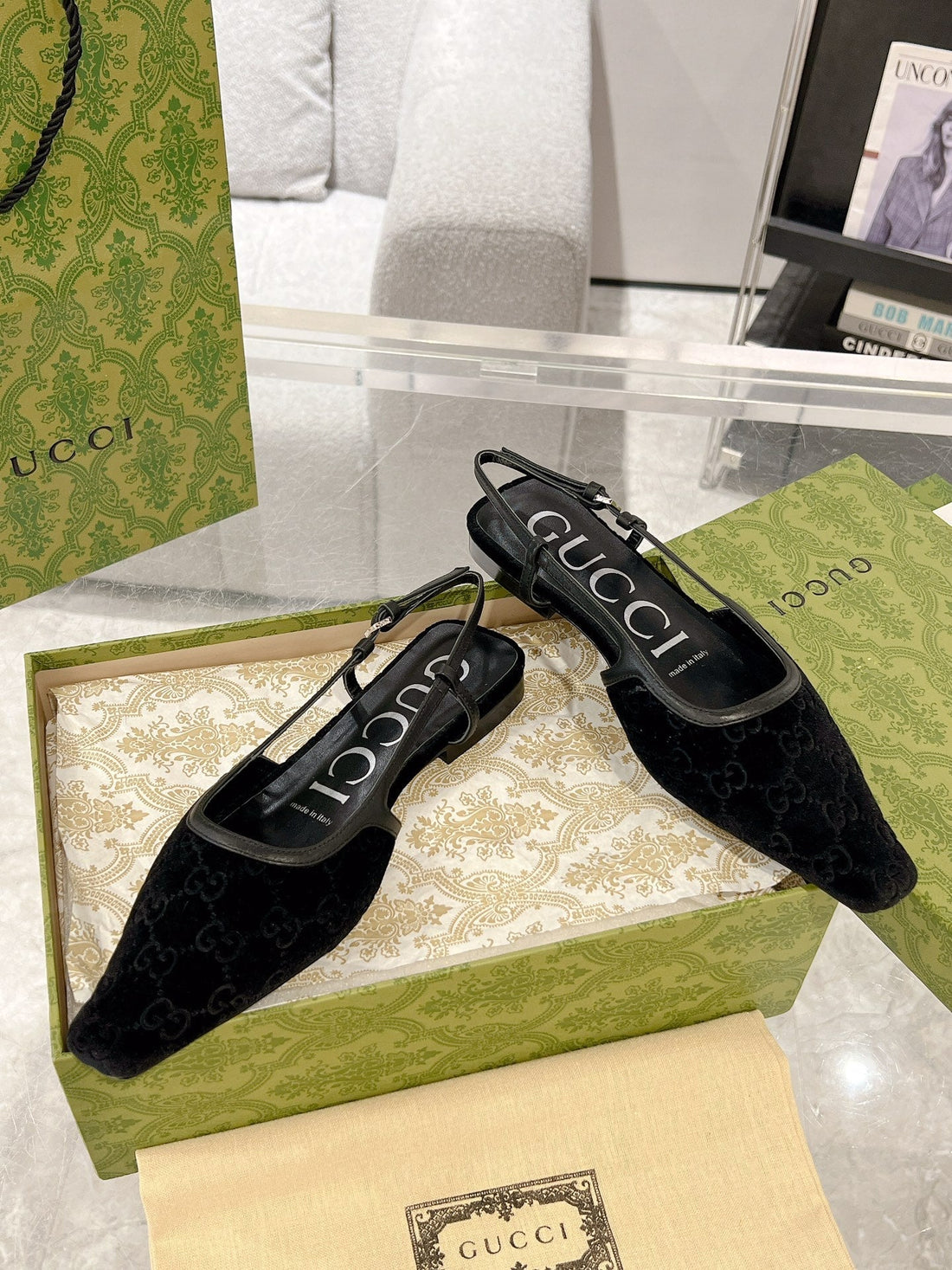 GG Slingback Flats Black Velvet