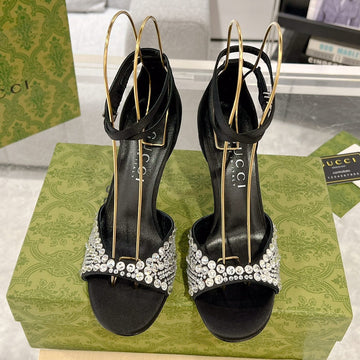 GG Crystal Black High Heel Sandals Satin