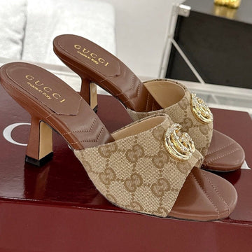 Gc 2025 Double G High Heel Sandals Brown Canvas Sheepskin 292466