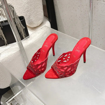 Cl 26SS High-Heeled Slippers 100 Red Suede Sheepskin 636693