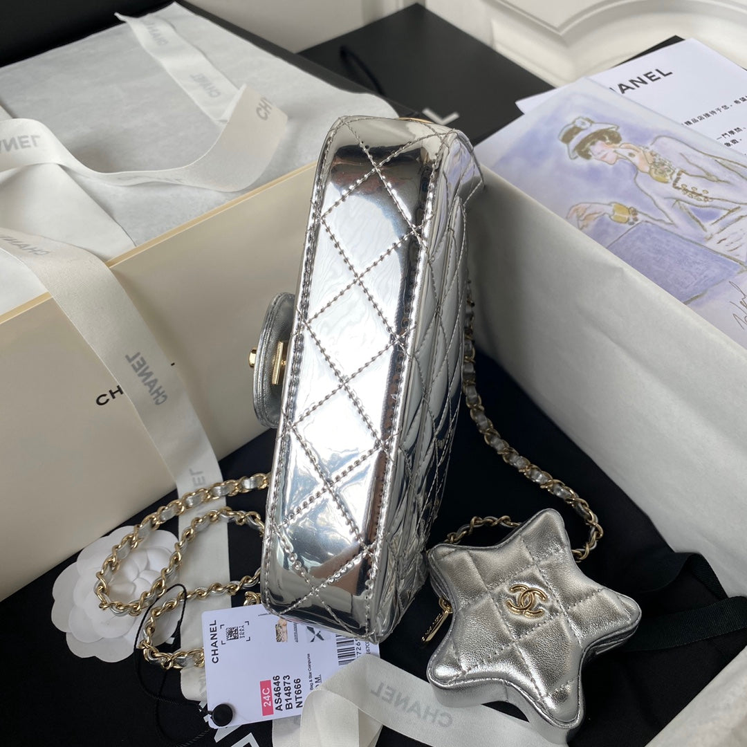 CC MINI 19 FLAP BAG IN SILVER METALLIC CALFSKIN WITH STRAP Bags Bible