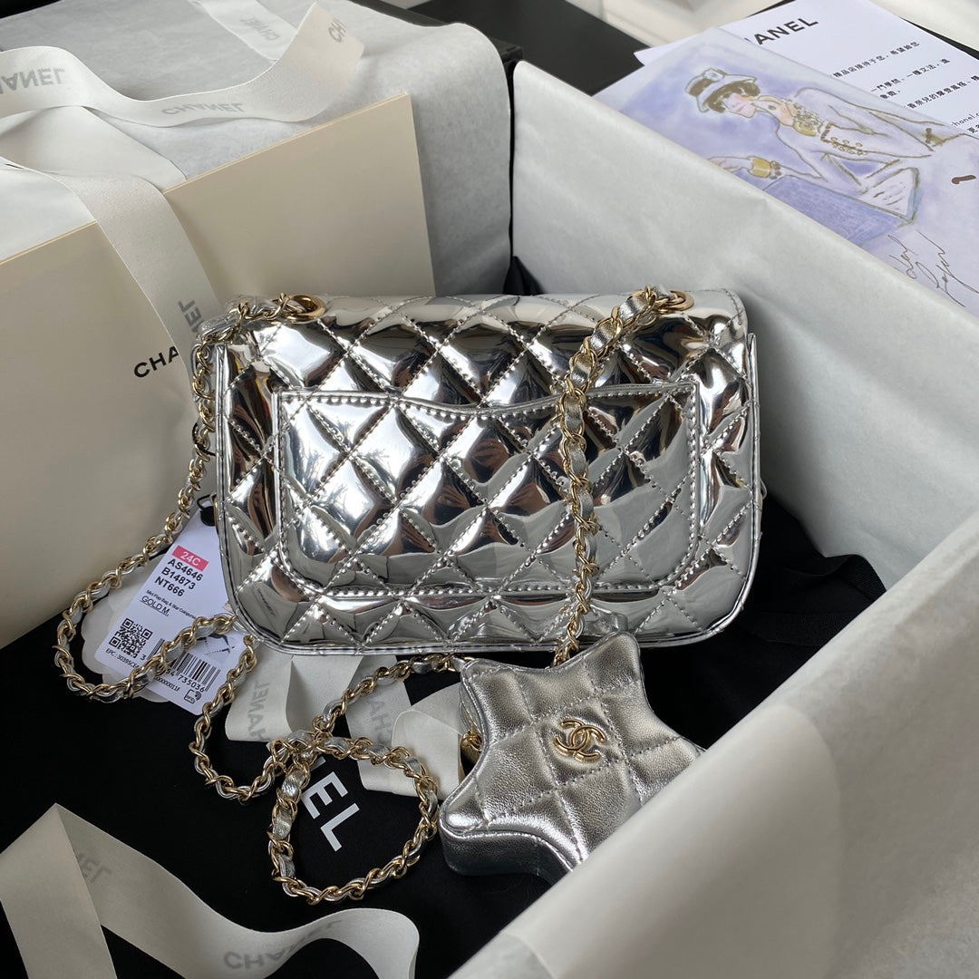 CC MINI 19 FLAP BAG IN SILVER METALLIC CALFSKIN WITH STRAP Bags Bible