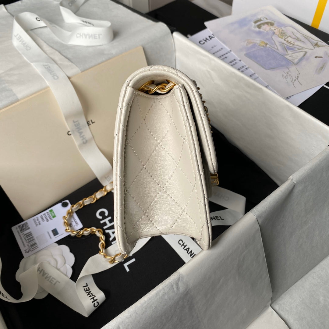 24S Small Flap Bag 23CM Cream Calfskin Gold Hardware
