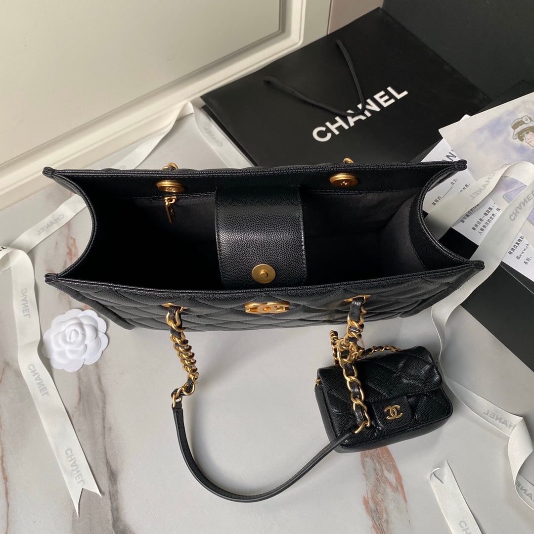 24A Shopping Bag 30CM Black Caviar Gold Hardware