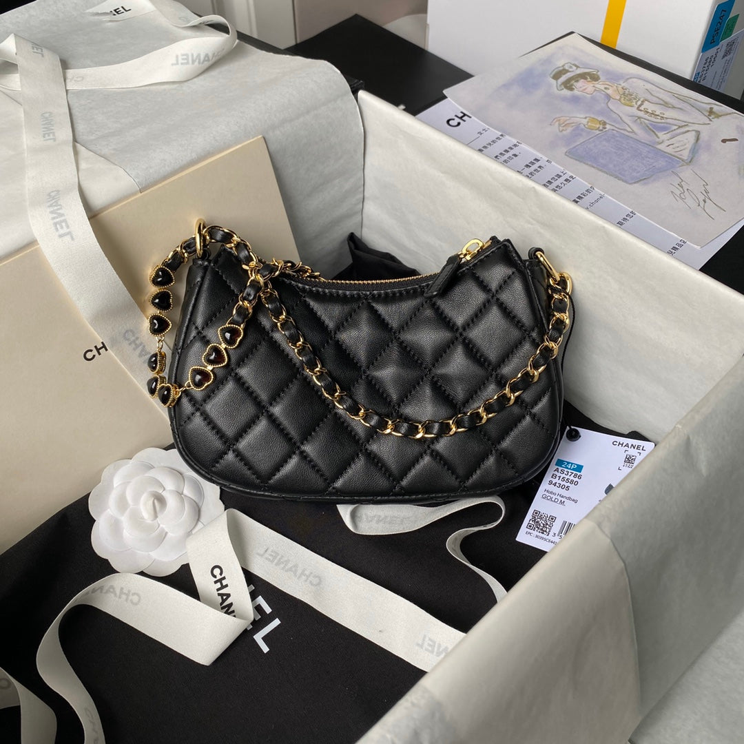 24P CC Hobo Bag 20CM Black Lambskin Gold Hardware