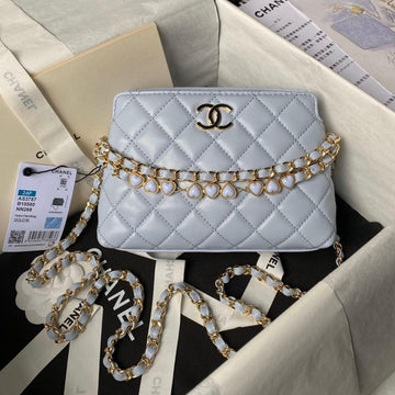 24P Clutch With Chain 19CM Turquoise Blue Lambskin