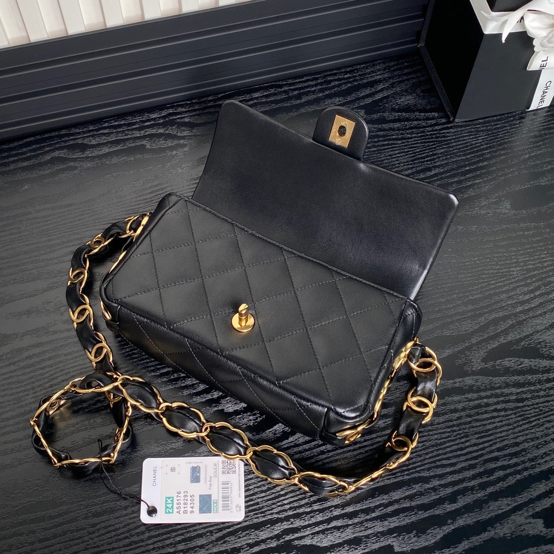 CC 24K Mini Flap Bag 24CM Black Lambskin Gold Hardware