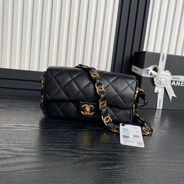 CC 24K Mini Flap Bag 24CM Black Lambskin Gold Hardware