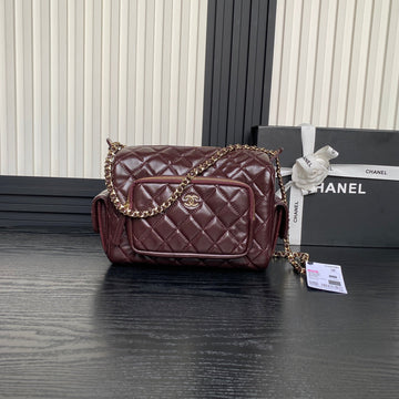 24K Camera Bag Burgundy Calfskin Gold Hardware