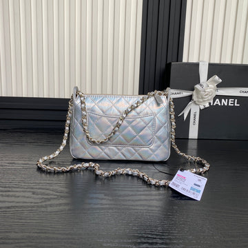 CC 25C Clutch With Strap 21CM Silver Metalic Calfskin