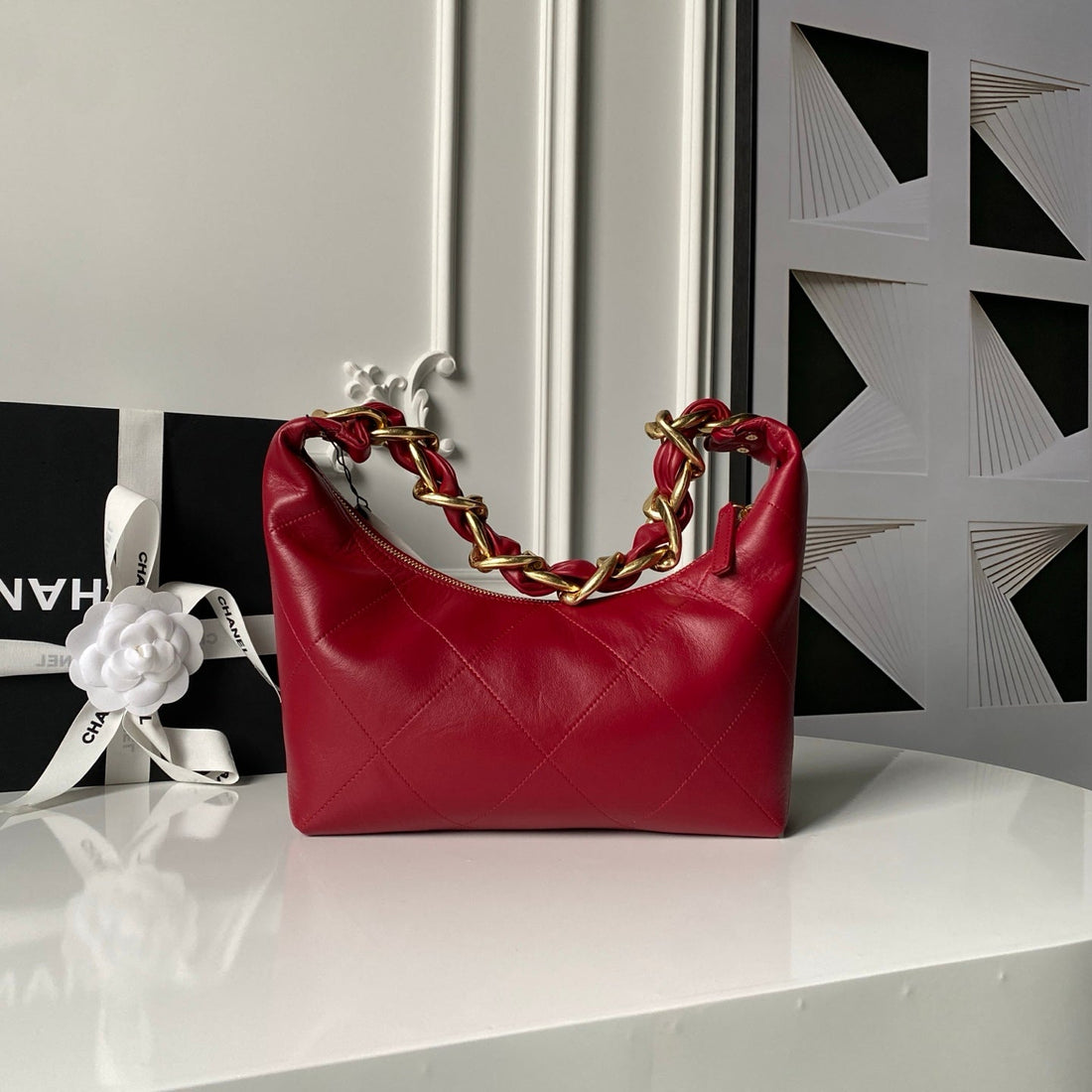 CC 2025 Hobo Bag Red Calfskin Gold Hardware 298484