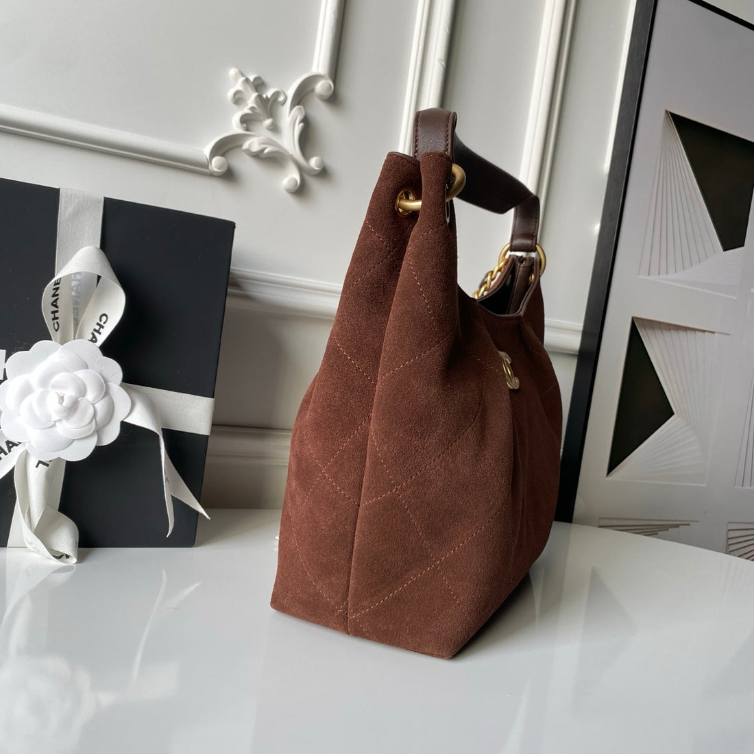 Chanel 2025 Hobo Bag 31CM Dark Brown Suede With Gold Hardware 320286