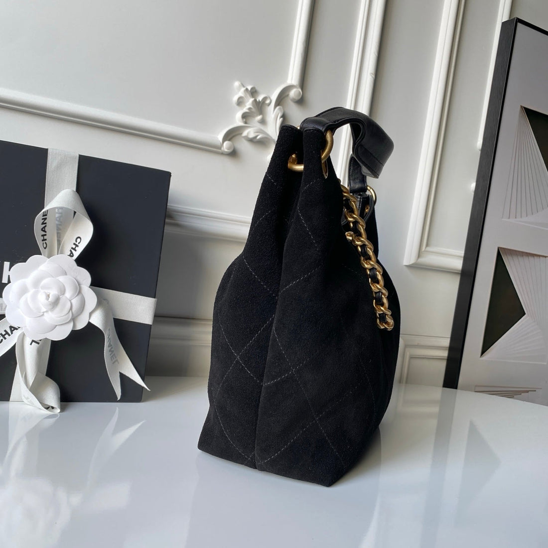 Chanel 2025 Hobo Bag 31CM Black Suede With Gold Hardware 320288