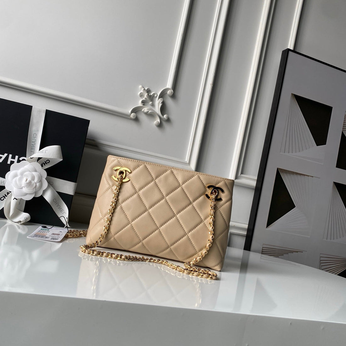 Chanel 2026 Small Shopping Tote Bag Black 24.5cm Beige Lambskin 348255