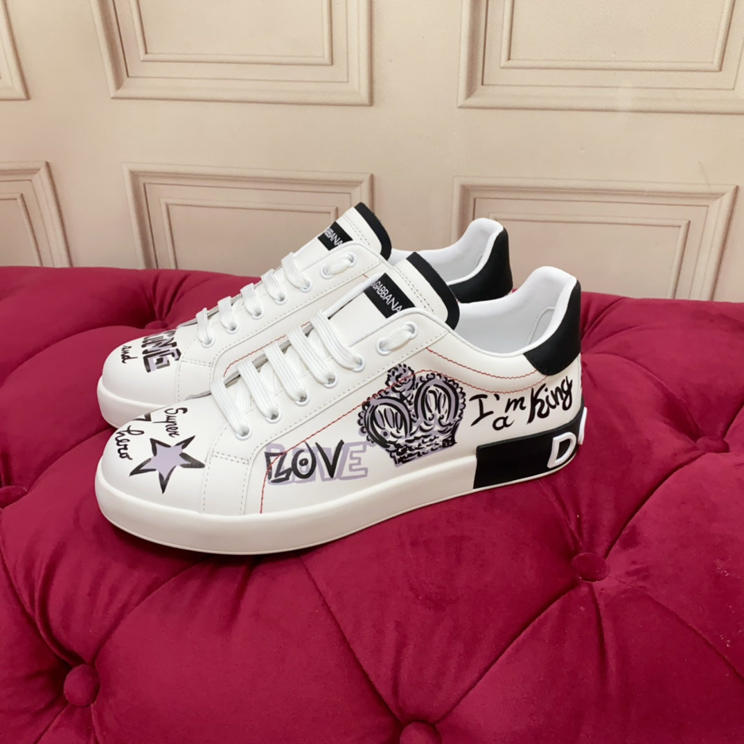Dc 24 Portofino Sneakers Black White Digital-Print Sheepskin & Crown Embroidery 100858