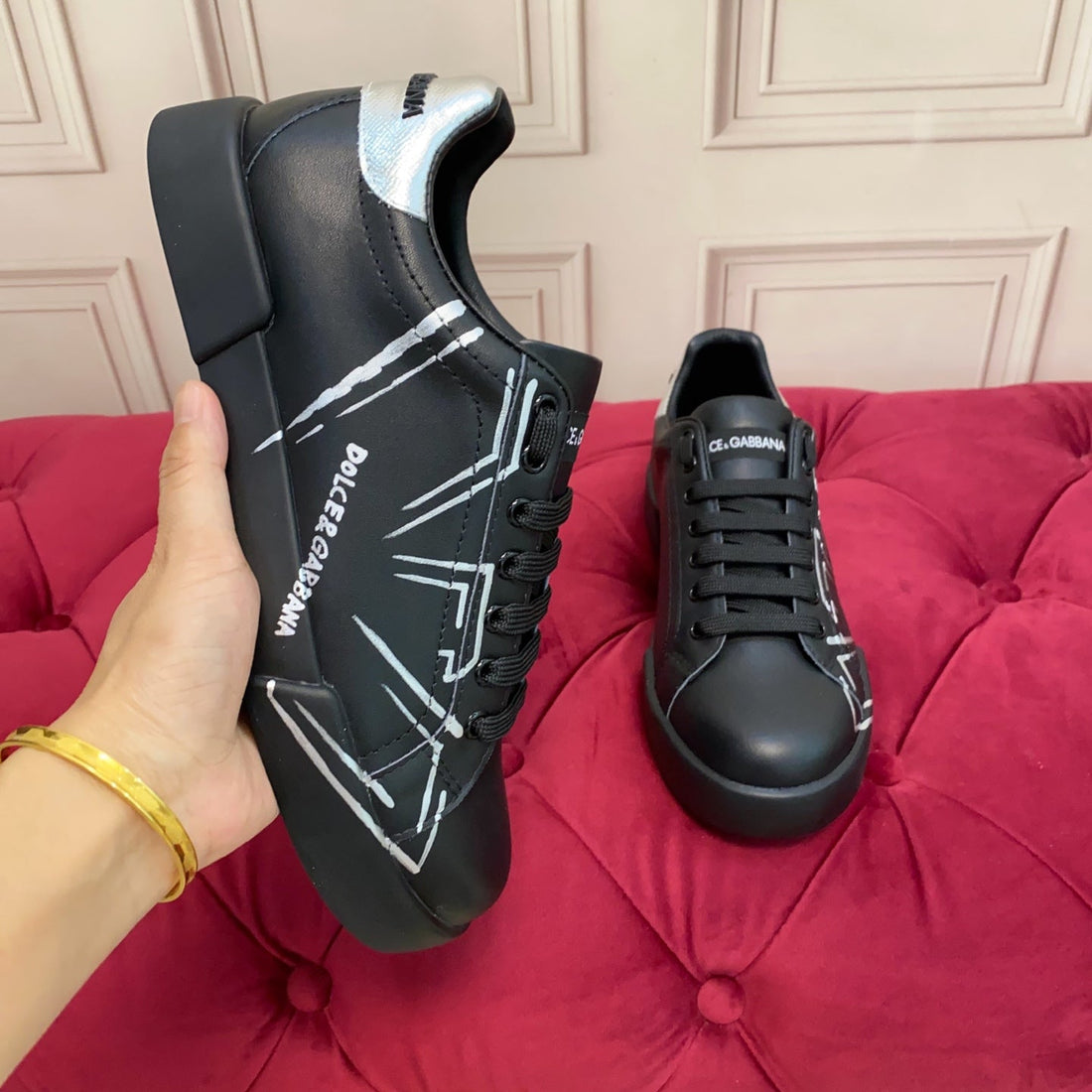 Dc 25 Portofino Sneakers Black Eagle-Print & Sheepskin 271107