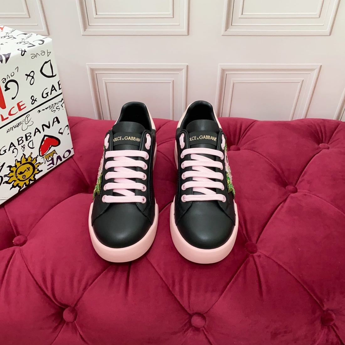 Dc 25 Portofino Light Sneakers Black Pink Glitter Floral Pattern & Sheepskin 333870