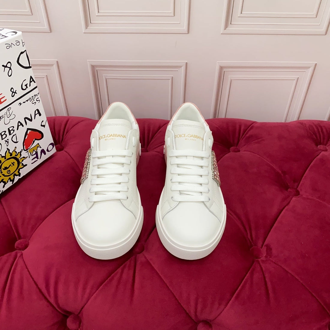 Dc 25 Portofino Vintage Sneakers Pink White Cowhide & Rhinestone Silk 333877