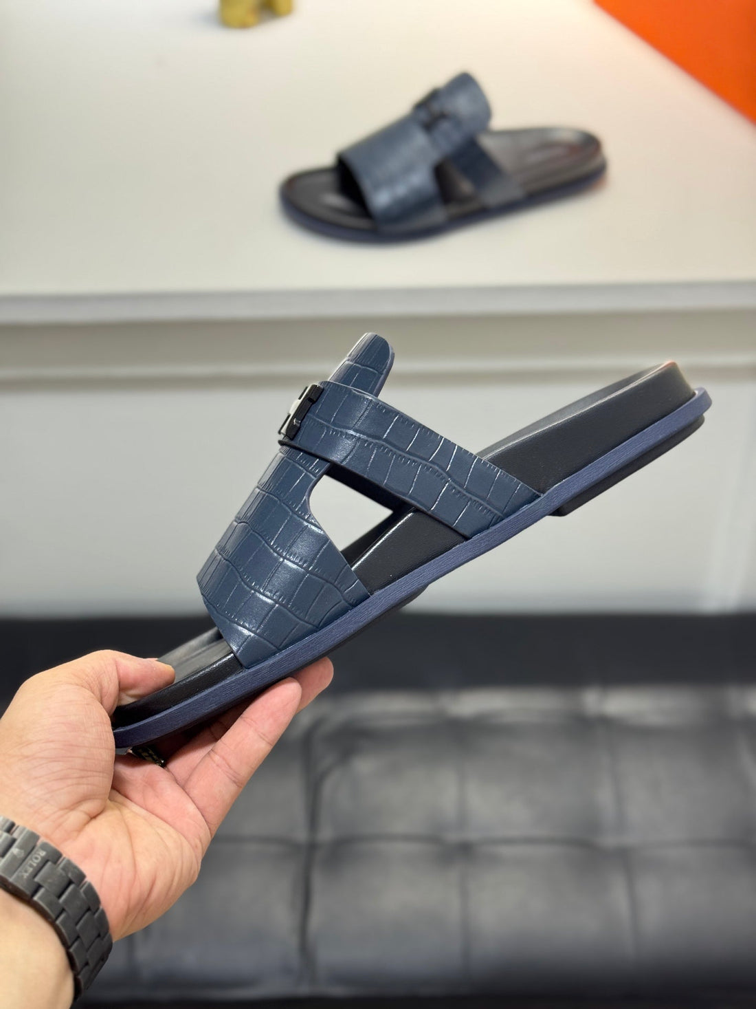 Hm Oran H Noir Buckle Slippers In Navy Blue Cowhide 735240