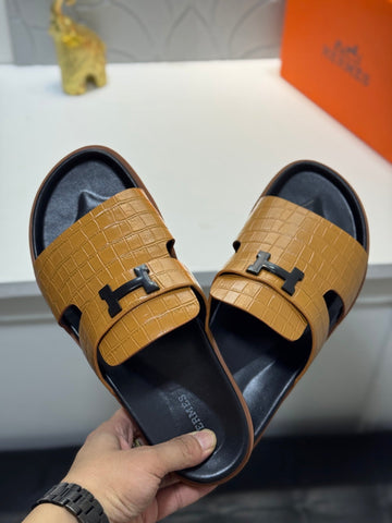 Hm Oran H Noir Buckle Slippers In Brown Cowhide 735241