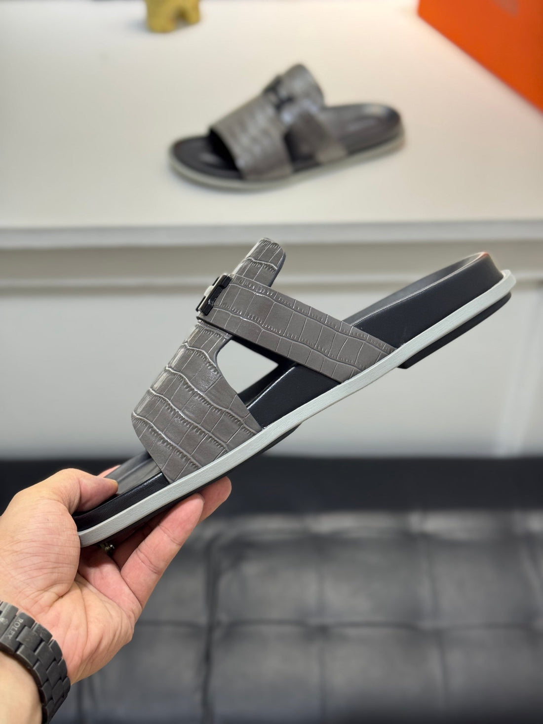 Hm Oran H Noir Buckle Slippers In Gray Cowhide 735242