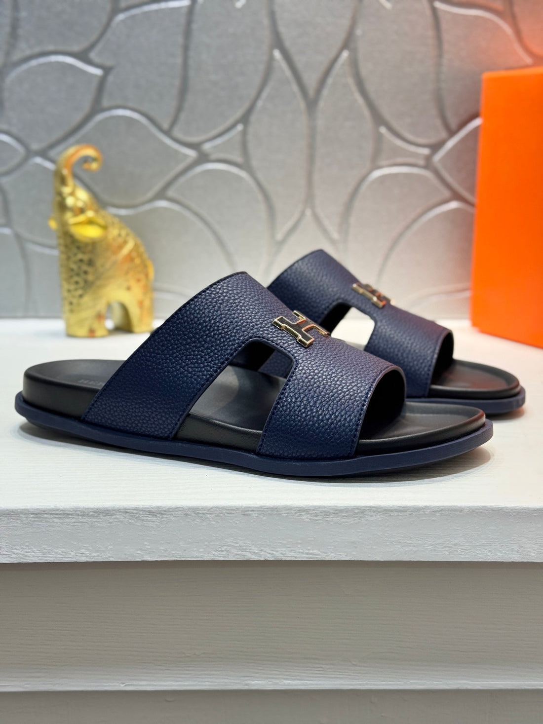 Hm Oran H Black Gold Buckle Slippers In Blue Cowhide 735243