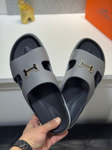 Hm Oran H Black Gold Buckle Slippers In Gray Cowhide 735245